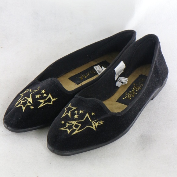 Tinsel Toes Black Velvet Gold Star Loafers Flats - Picture 2 of 8